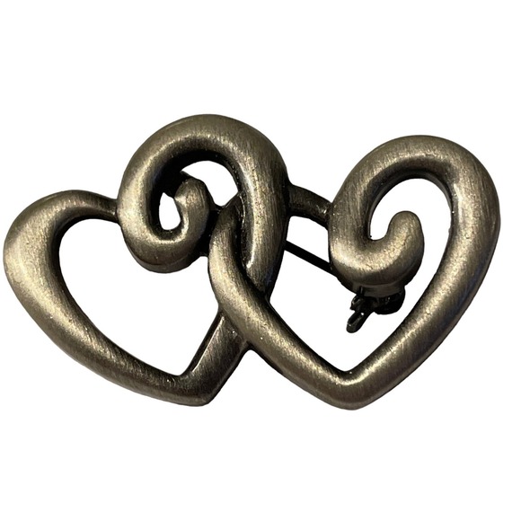 Open Double Heart‎ Intertwined Brooch Pin Silver Tone Metal Love Gift Vintage - Picture 8 of 9